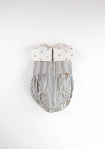 Embroidered Romper Suit w/ Bib Collar - Striped