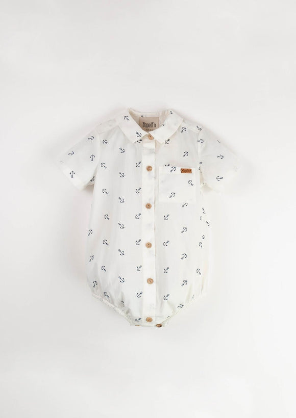 Embroidered Anchor motif romper suit with shirt collar
