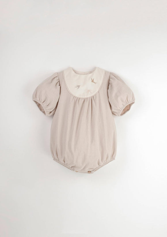 Embroidered Romper Suit w/ Yoke - Sand