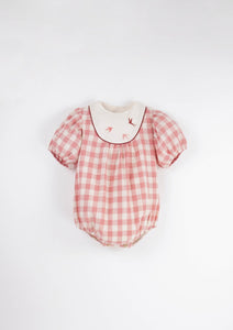 Embroidered Romper Suit w/ Yoke - Pink check