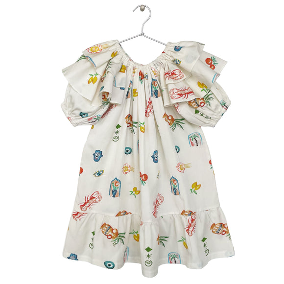 MEDITERRANEAN-PRINT RUFFLED DRESS  OFF-WHITE
