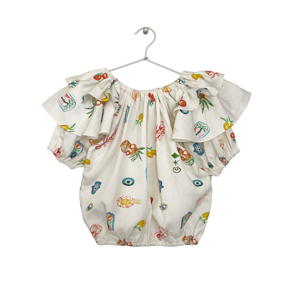 MEDITERRANEAN-PRINT RUFFLED TOP  OFF-WHITE