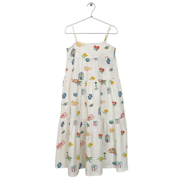MEDITERRANEAN-PRINT TIERED MAXI DRESS OFF-WHITE