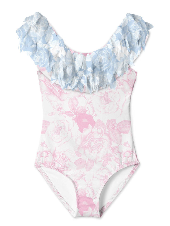 Rose Print Bathing Suit with Petals Pink