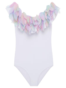 White draped swimsuit with Unicorn Petals