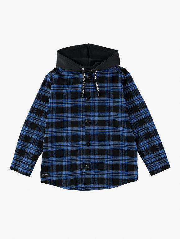 Flannel hooded shirt-electric blue/black