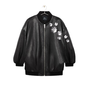 Oversized Faux Leather Bomber Jacket / Black