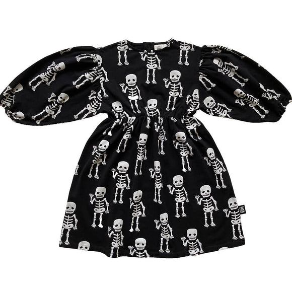 FRIENDLY SKELETON  Puffed Sleeve Dress  Black