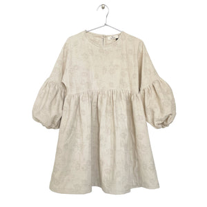 Jacquard Puff Sleeve Dress / Beige